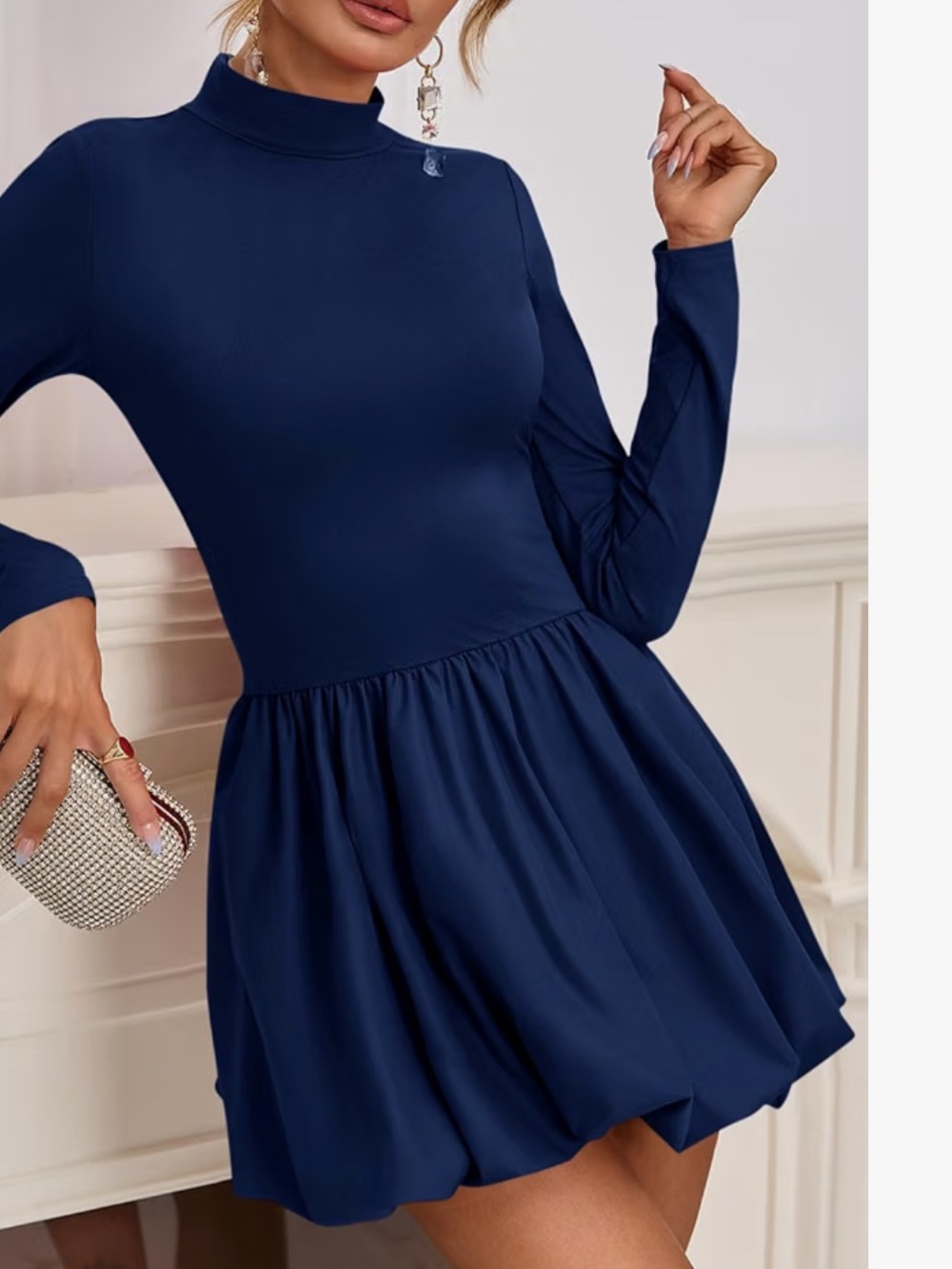 Long-Sleeve Navy Mini Dress with High Neck and Bubble Hem- NWOT- Size - L